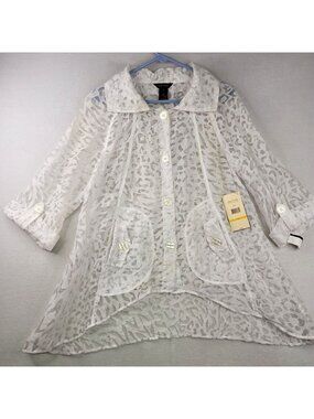 Multiples Sheer Button-Front Animal Print Top M White Fairy Festival Artsy Indie